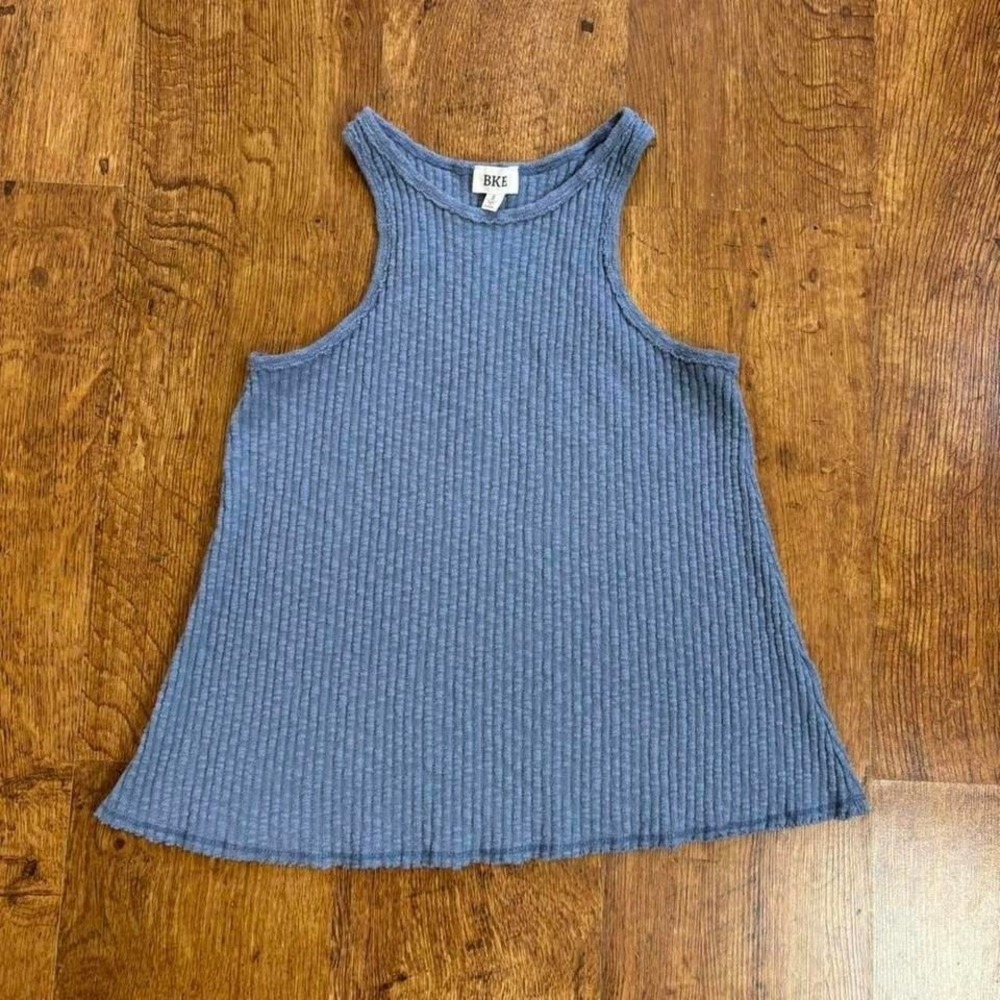 stretchy cotton blend BKE racerback blue ribbed high‎ neck tank top